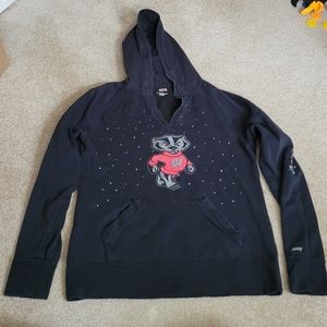 Wisconsin badgers womens large v cut black pull over hoodie w/ rhinestones Used
